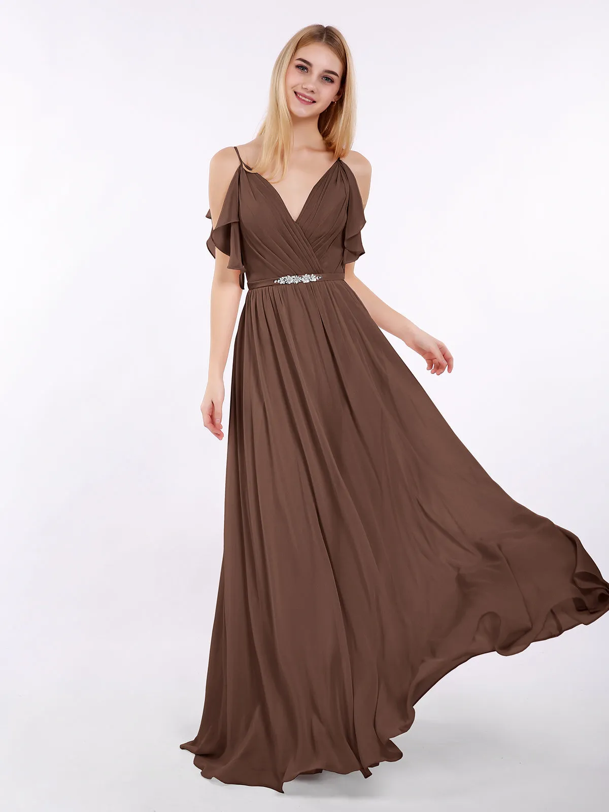 Bretelle Spaghetti Mousseline Robe avec Col en V Chocolat Grande Taille
