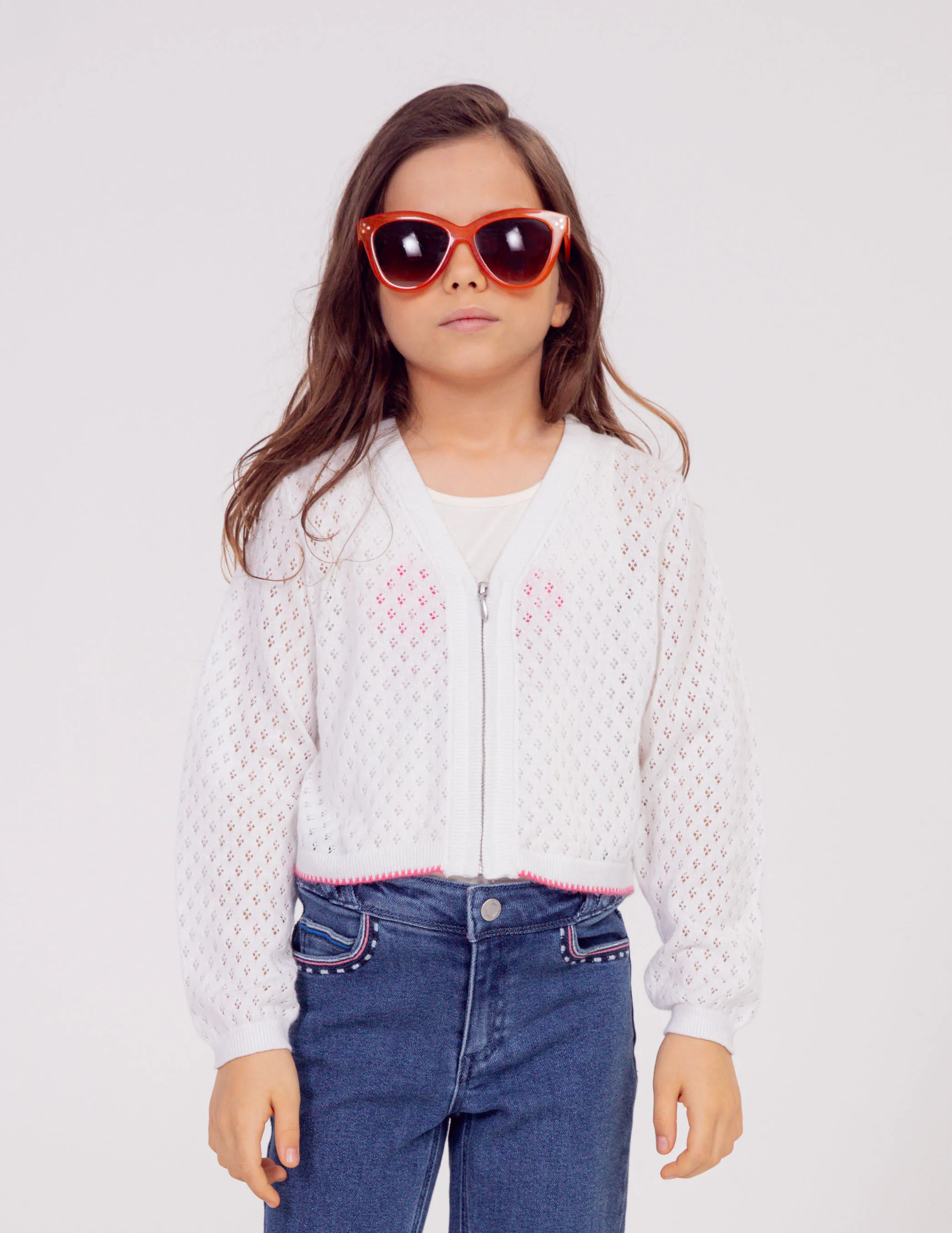 Cardigan écru tricot ajouré zippé fille