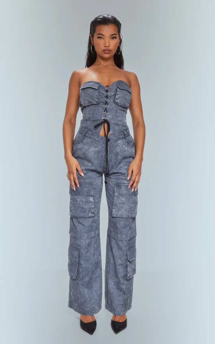 Combinaison utilitaire bustier grise délavé javélisé à lacets