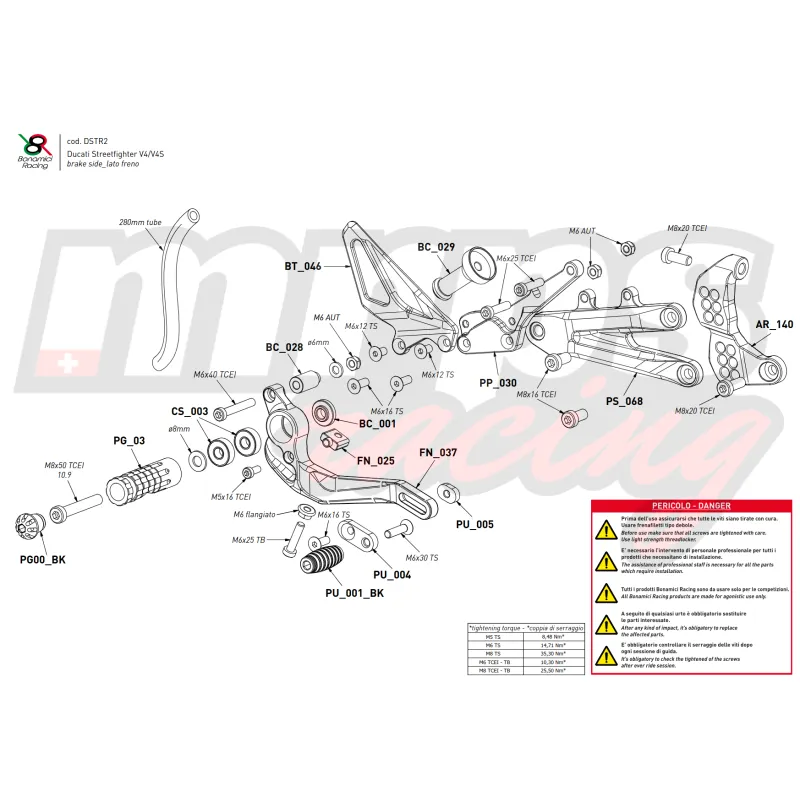 Commandes reculées Bonamici Racing Ducati Streetfighter V4 / S / SP / SP2 2020-24 (standard+inversées)
