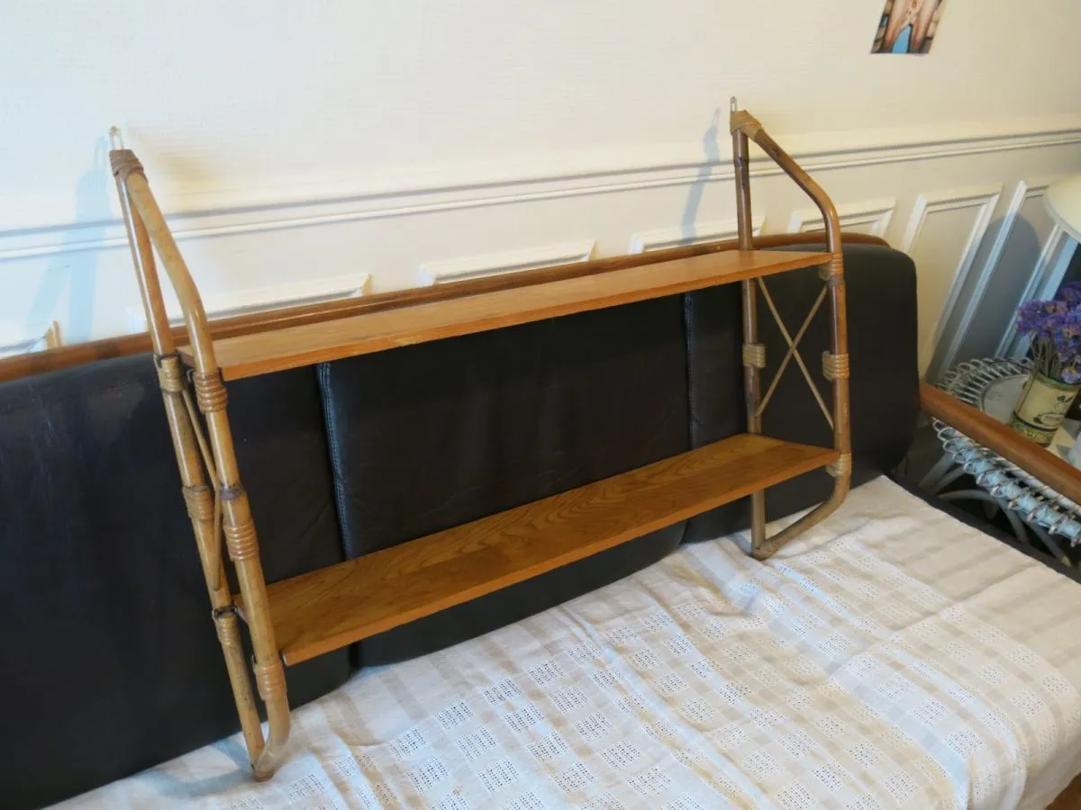 Grande étagère murale double modulable rotin &amp; bois 50s 60s