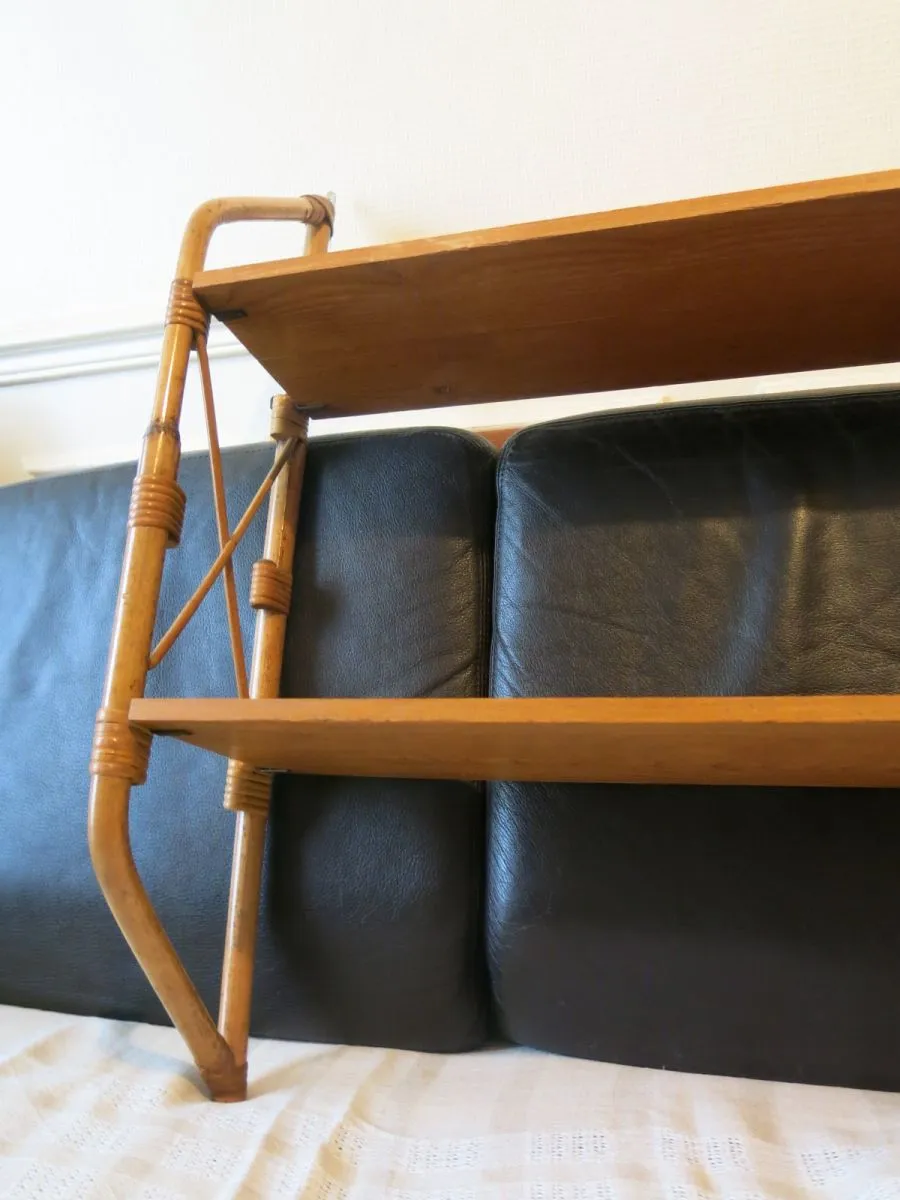 Grande étagère murale double modulable rotin &amp; bois 50s 60s