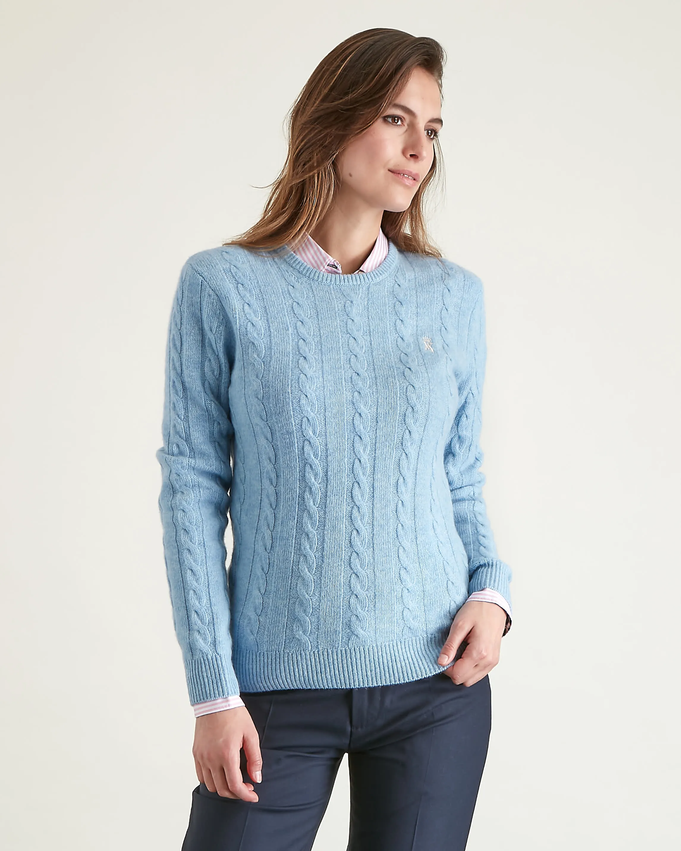Pull à torsades en laine recyclée pour femme bleu ciel